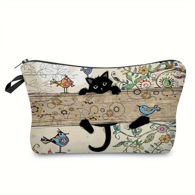 Retro Cat Pattern Carry On Bag, Zipper Lightweight Makeup Pouch, Versatile Cosmetic Bag Hanging out