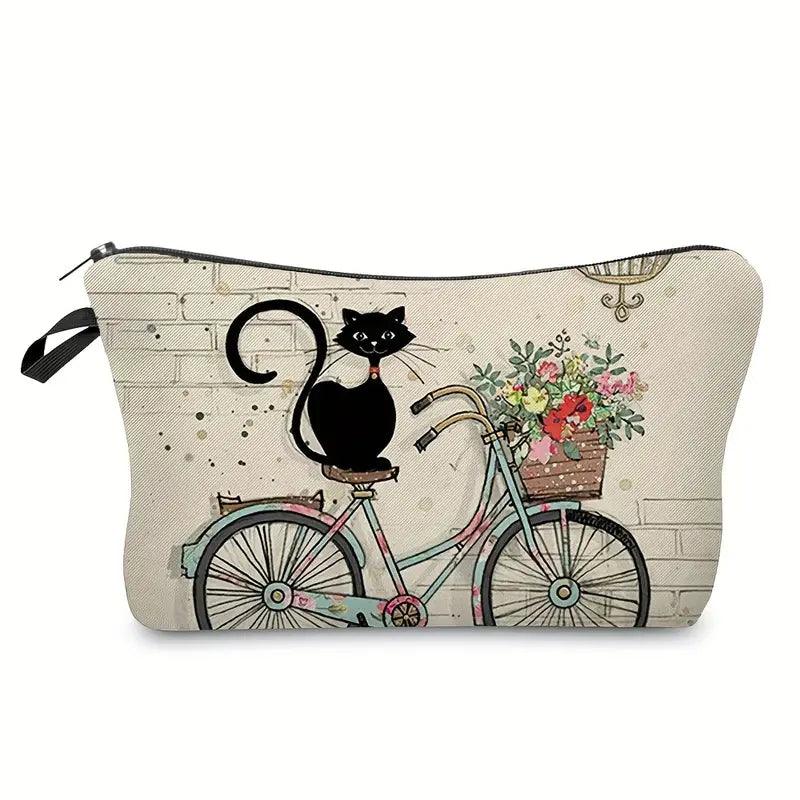 Retro Cat Pattern Carry On Bag, Zipper Lightweight Makeup Pouch, Versatile Cosmetic Bag On the Bike